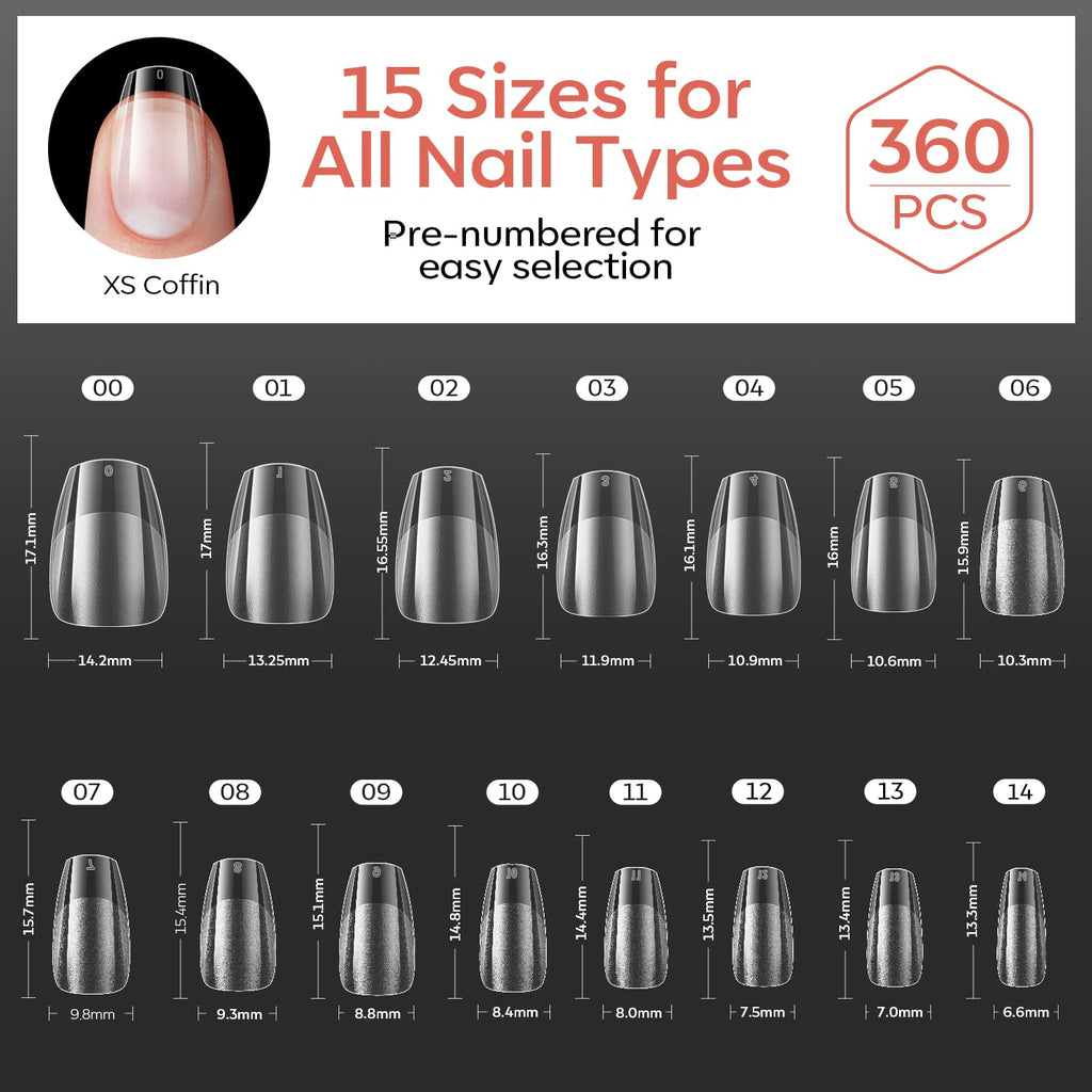 Modelones Short Almond Nail Tips, 360pcs with 15 sizes for all nail types. Premium quality, globally popular for nail art.