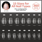 Modelones Short Almond Nail Tips, 360pcs with 15 sizes for all nail types. Premium quality, globally popular for nail art.