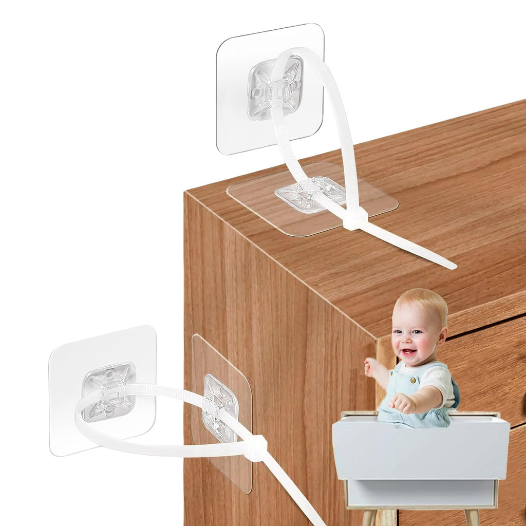 No Drill Furniture Anchors Adhesive (10 Packs) for Baby Proofing, Adjustable Anti-Tip Furniture Wall Safety Straps for Child, Keep Toddlers & Pets Safe from Falling Furniture Like Dresser & Bookshelf