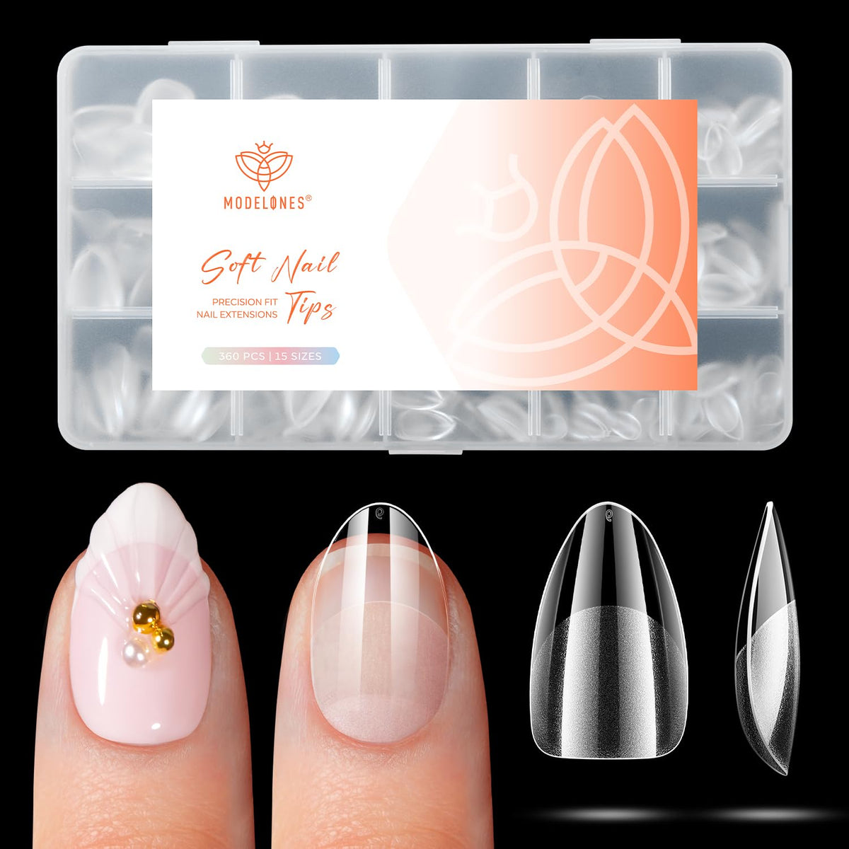 Modelones Short Almond Nail Tips, 360 pieces in a clear organizer. Ideal for nail extensions and creative designs.