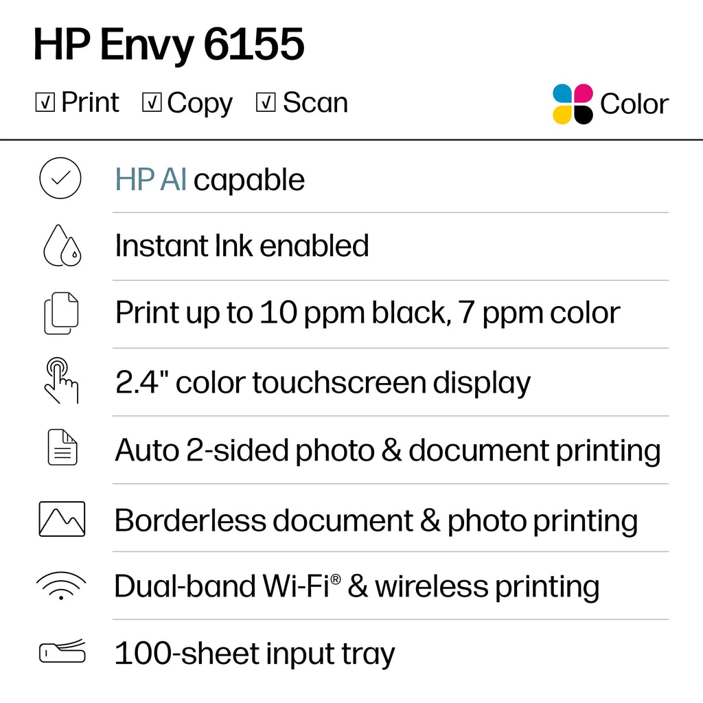 HP Envy 6155 Wireless All-in-One Color Inkjet Printer, Print, Scan, Copy, Duplex Printing Best-for-Home, 3 Month Trial of Instant Ink Included, AI-Capable (C2WR7A) Portobello
