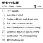 HP Envy 6155 Wireless All-in-One Color Inkjet Printer, Print, Scan, Copy, Duplex Printing Best-for-Home, 3 Month Trial of Instant Ink Included, AI-Capable (C2WR7A) Portobello