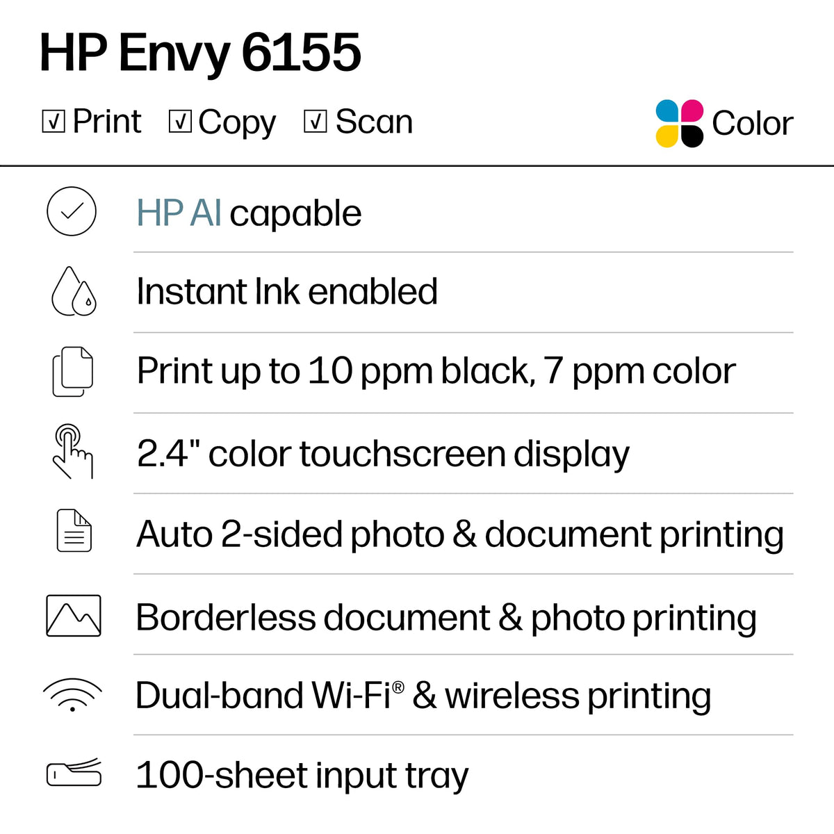 HP Envy 6155 Wireless All-in-One Color Inkjet Printer, Print, Scan, Copy, Duplex Printing Best-for-Home, 3 Month Trial of Instant Ink Included, AI-Capable (C2WR7A) Portobello