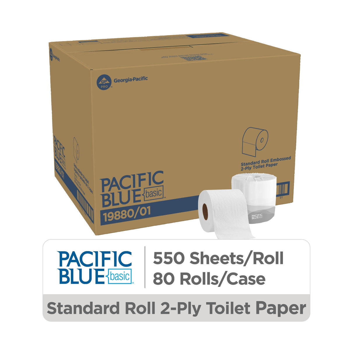 Georgia-Pacific Pacific Blue Basic 2-Ply Embossed Toilet Paper,19880/01, 550 Sheets Per Roll, 80 Rolls Per Case