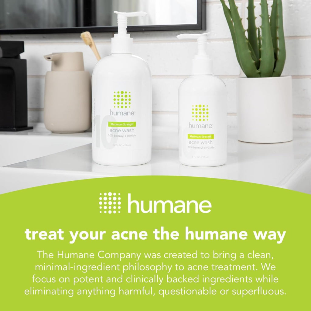 humane Benzoyl Peroxide Acne Body Wash - Non-Foaming - 10% Maximum-Strength | Vegan & Cruelty-Free Face, Skin, Butt, & Back Acne Treatment - Dermatologist-Tested Acne Face Wash Cleanser - 16 Fl Oz