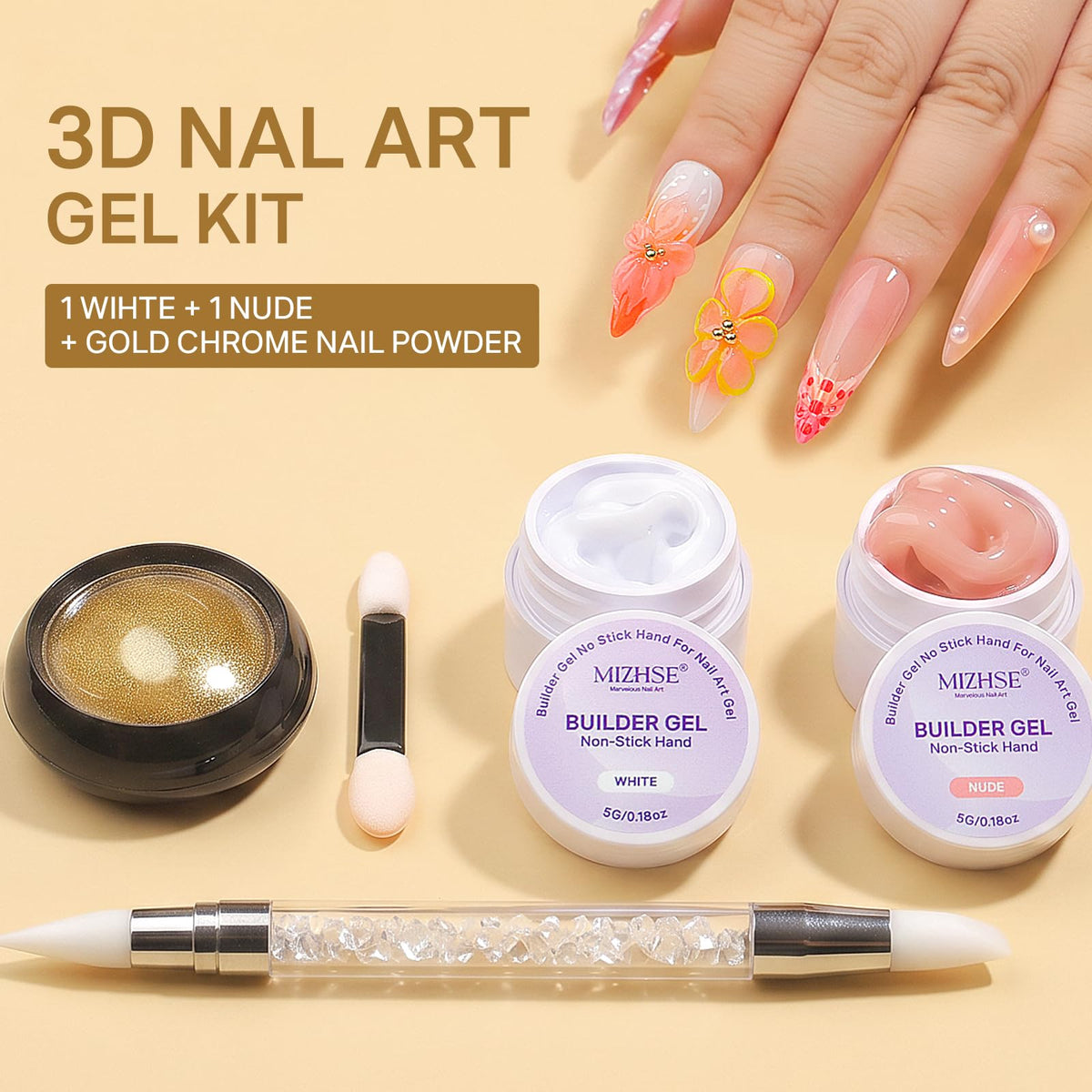 Explore the MIZHSE 3D Sculpting Gel kit with 1 white and 1 nude gel, plus gold chrome powder. Order online now!