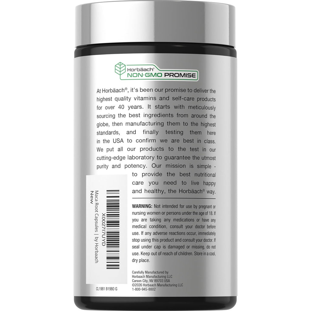 Horbäach Maca Root Capsules for Men and Women | 120 Pills | High Potency Extract | Non-GMO and Gluten Free Formula