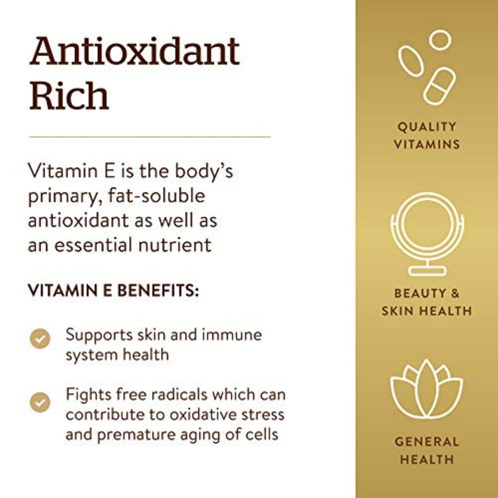 Solgar Vitamin E 268 MG (400 IU) (d-Alpha Tocopherol & Mixed Tocopherols), 100 Softgels - Supports Immune System & Skin Nutrition - Natural Antioxidant - Gluten Free, Dairy Free - 100 Servings
