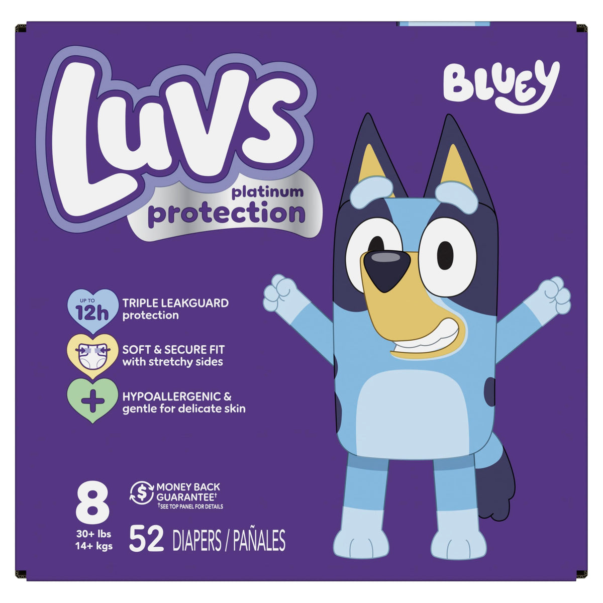 Luvs Size 8 Baby Diapers, Platinum Protection Bluey Diapers for Day & Night,Size 8 (46+ lb), 52 Count