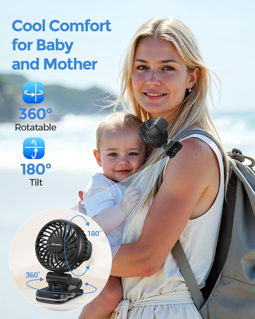 AMACOOL Mini Baby Fan with Clip for Carrier Stroller, Ultra Light 0.24 lb