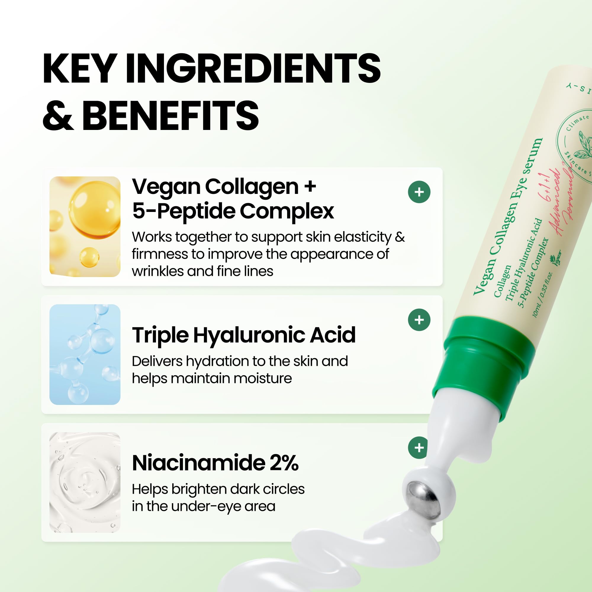 AXIS-Y Vegan Collagen Eye Serum with 2% Niacinamide, Peptides, 0.33 fl. oz. | Vegan Korean Eye Cream with Cooling Roller for Wrinkles, Fine Lines, Dark Circles, Puffiness & Deep Hydration