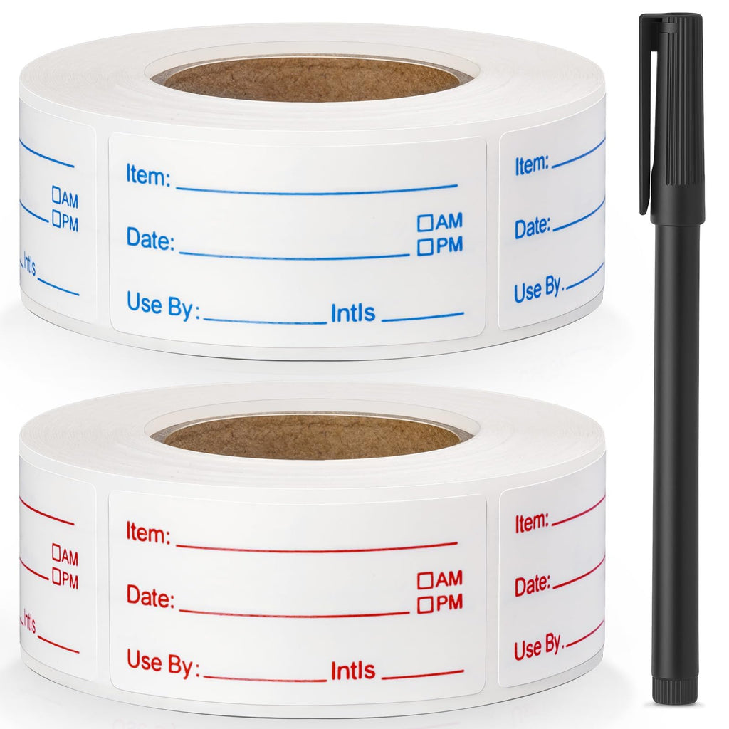 2 Rolls 1000 Pcs Removable Food Labels, 1 x 2 Inch Date Stickers w/Bonus Writing Pen for Freezer Refrigerator Food Containers, Easy to Write on Food Labeling for Food Storage Organization Kitchen Use