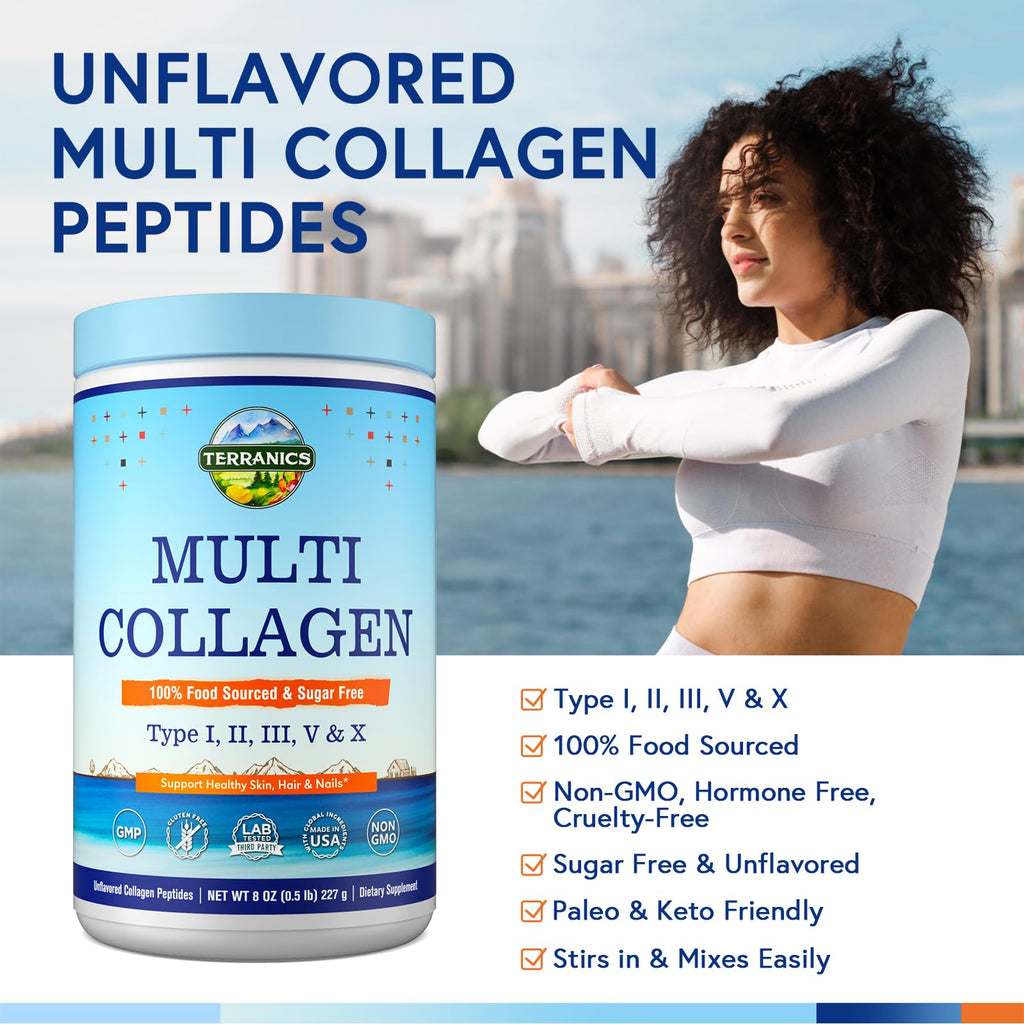 Terranics Multi Collagen Peptides Powder, Type I II III V X Hydrolyzed Collagen for Women+Men, Collagen Supplements, Fast Dissolve, Unflavored Colageno, No Sugar, Keto, 8oz