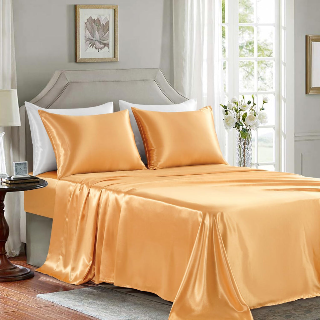 Buy now Satin Sheets King Size - 4 Pieces Luxury Silky Soft Bed Sheets, Wrinkle-Free Gold Satin Silk Sheet Set with 1 Deep Pocket Fitted Sheet, 1 Flat Sheet, 2 Pillow Cases at indiglob india