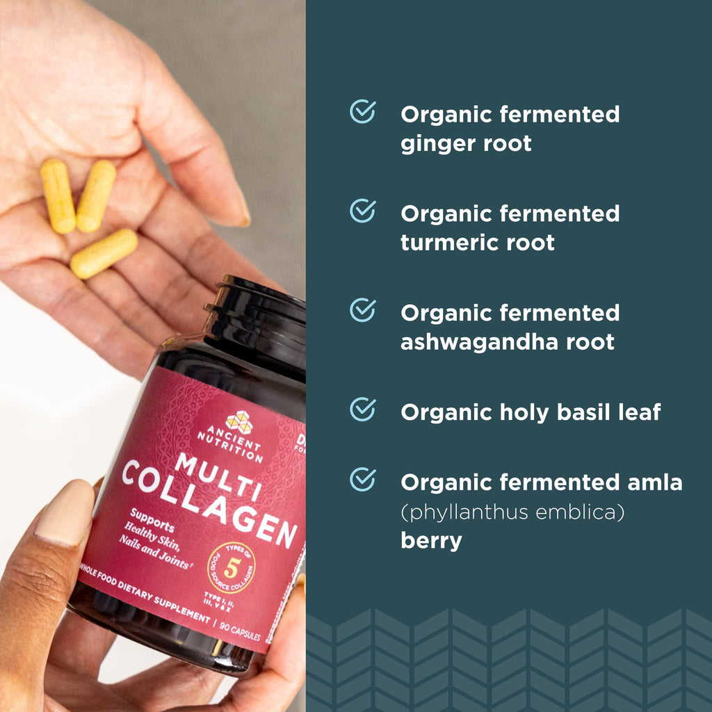 Ancient Nutrition Hydrolyzed Multi Collagen Peptides Capsules | Women & Men, Vitamin C, Probiotics, Grass-fed Hydrolyzed Collagen, Supports Skin, Hair, Nails, Joints, Gut Health, 90 Count