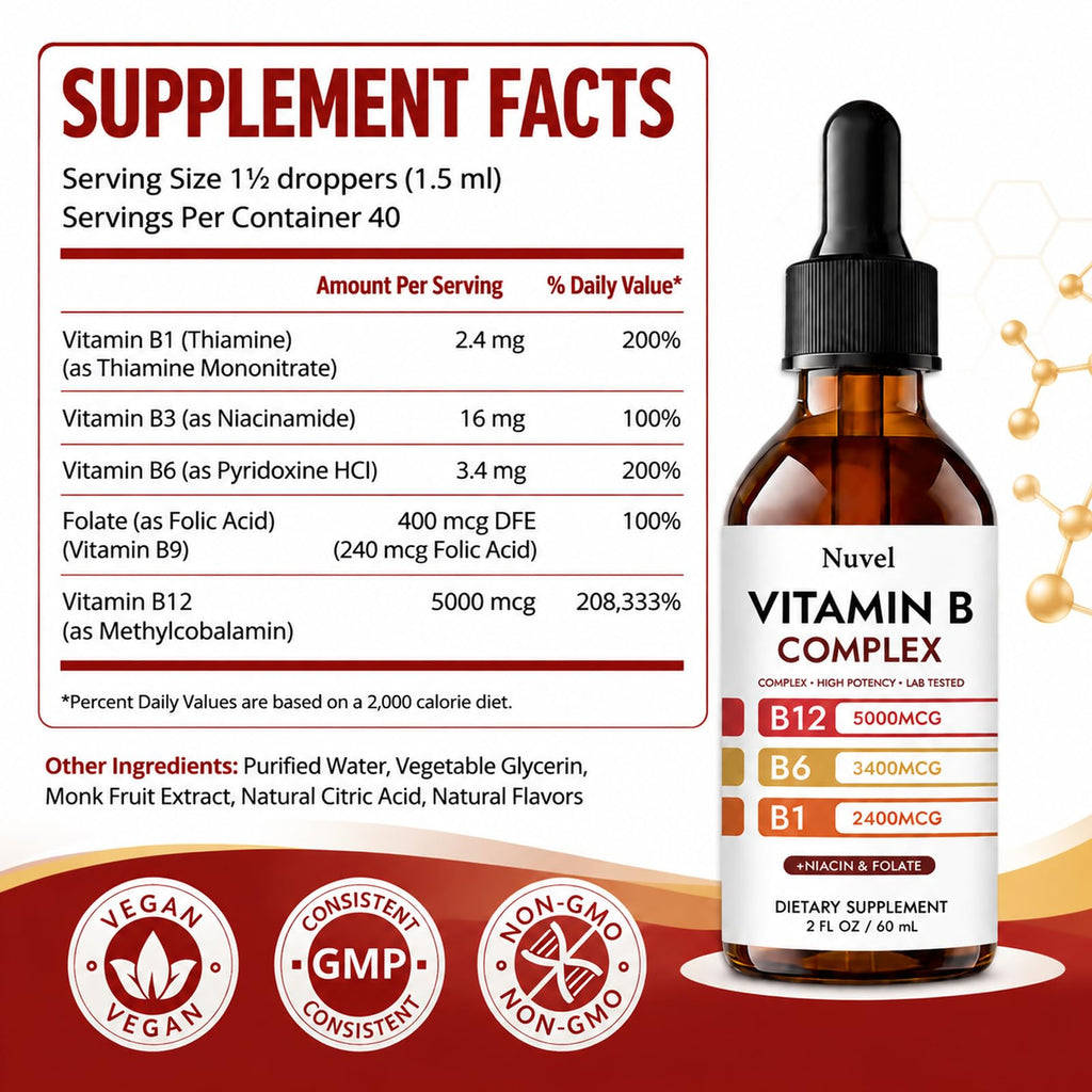 Nuvel Vitamin B Complex Drops with B12, B1, B6, Vitamin B Liquid Supplement