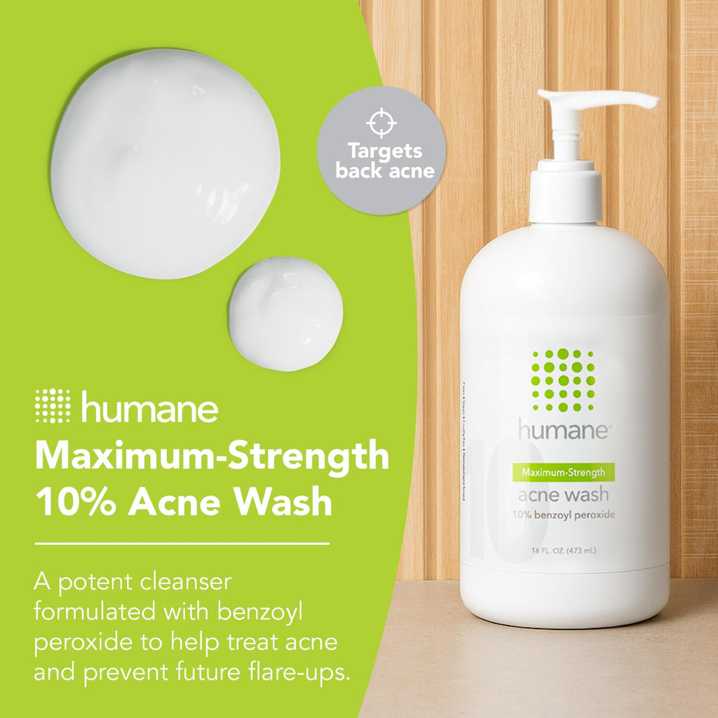 humane Benzoyl Peroxide Acne Body Wash - Non-Foaming - 10% Maximum-Strength | Vegan & Cruelty-Free Face, Skin, Butt, & Back Acne Treatment - Dermatologist-Tested Acne Face Wash Cleanser - 16 Fl Oz