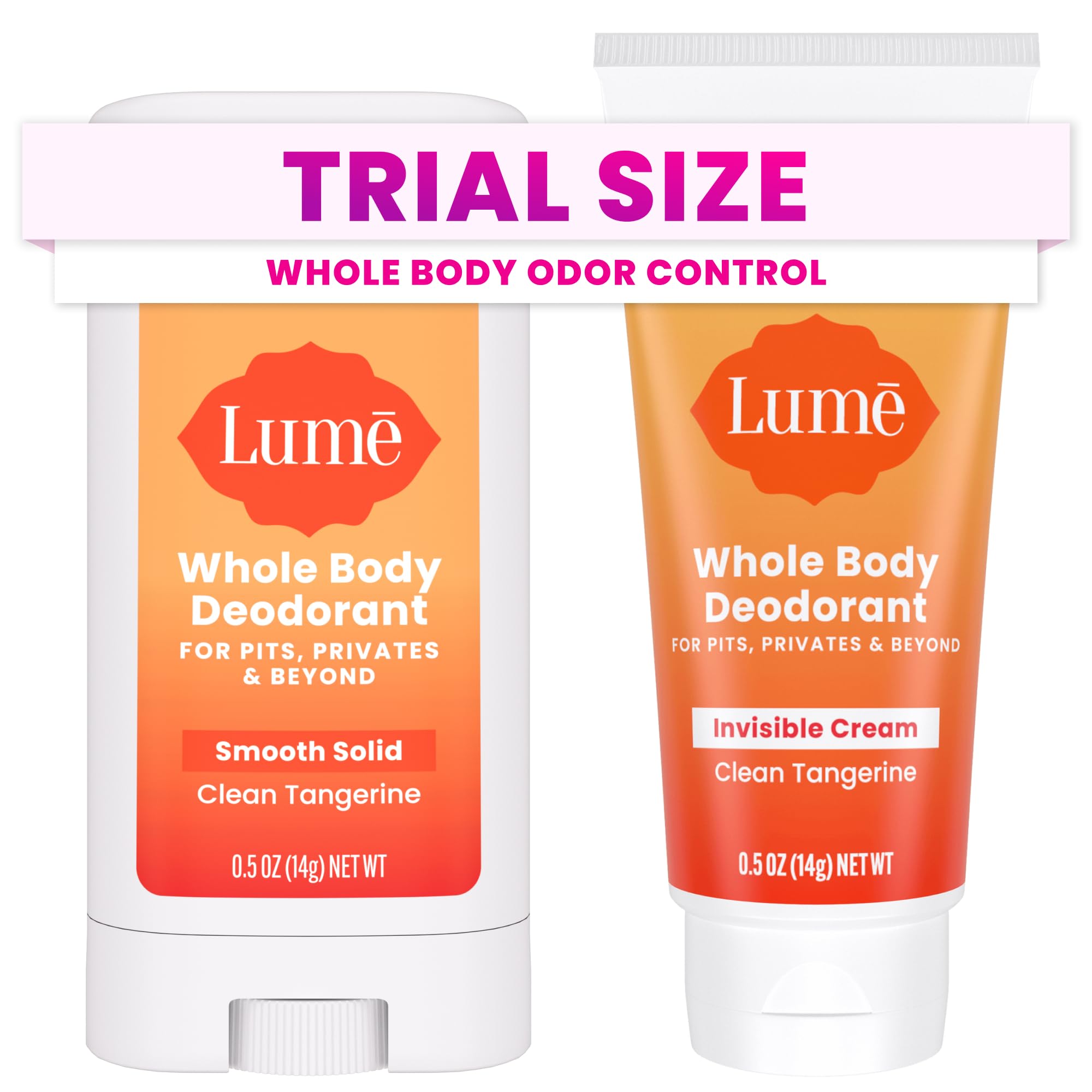 Lume Whole Body Deodorant - Cream + Solid Stick Mini Bundle 0.5oz Tangerine | 72 Hour Odor Control Aluminum Free Baking Soda Travel Trial Size Minis deodorant lotion women