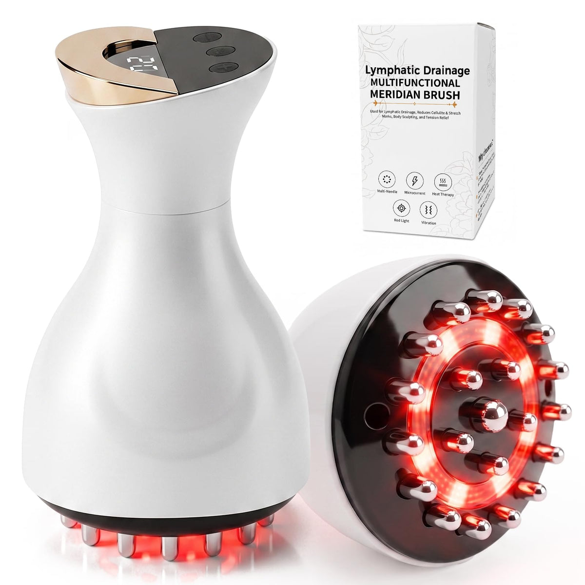 Lymphatic Drainage Massager & Anti Cellulite Massage Tool, for Legs, Arms & Belly, Body,Helps Reduce Stretch Marks & Cellulite,with SoothingPulse, Light Heat & Vibration (White)
