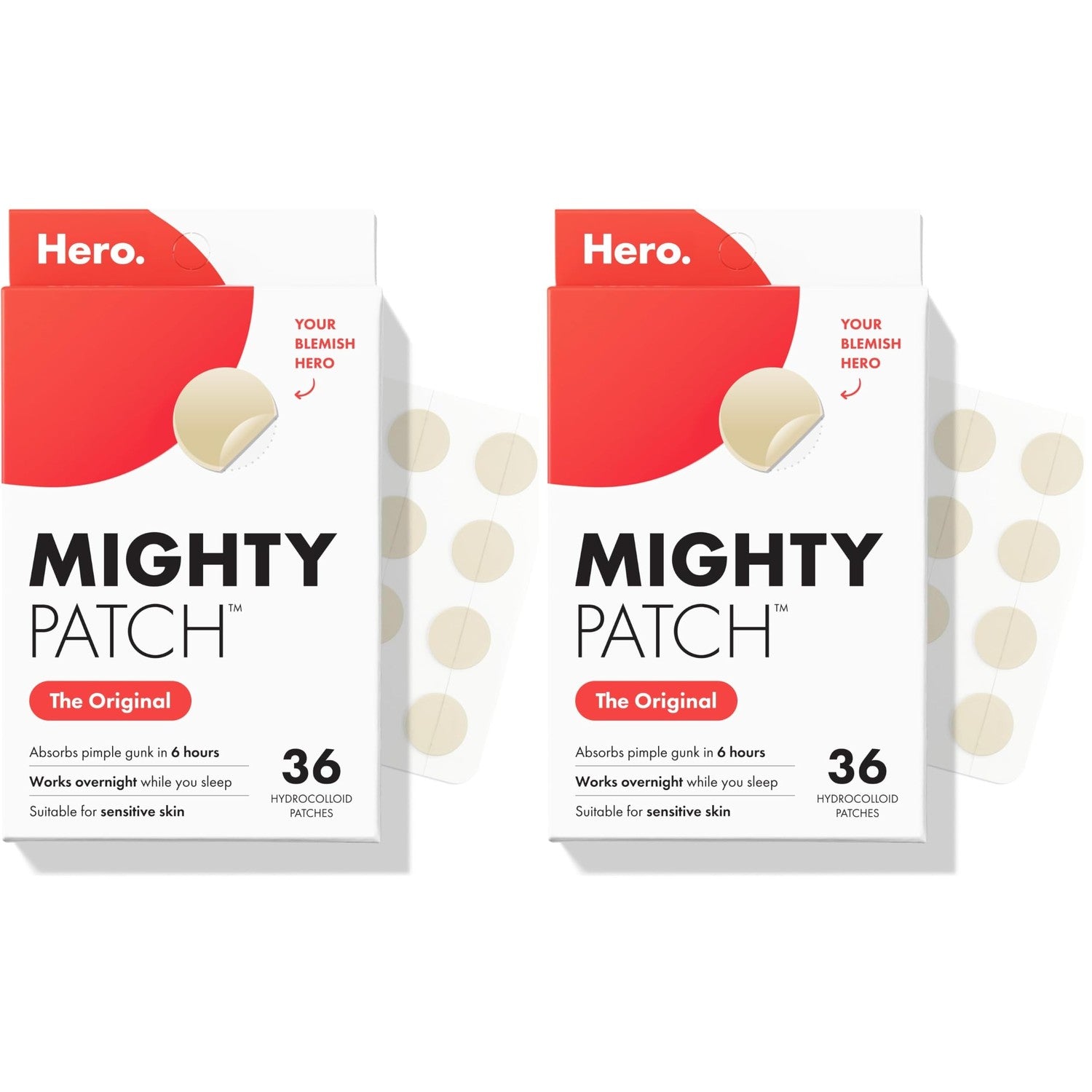 Mighty Patch Hero Cosmetics Original Nighttime Acne Pimple Patches, 36 Ct | #1 Hydrocolloid Acne Patches, Shrinking Zits & Whiteheads in 1 Use, Spot Treatment, Pimple Stickers for Face