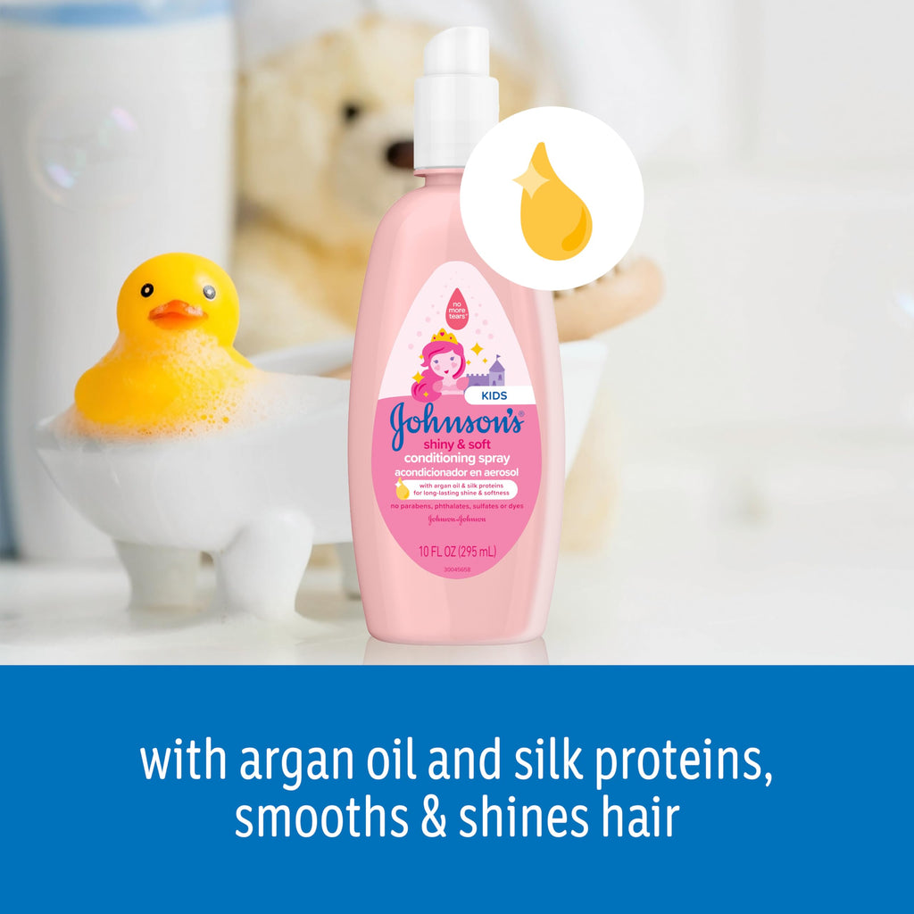 Johnson's Kids Shiny & Soft Hair Conditioning Spray with Argan Oil & Silk Proteins, Tear-Free Conditioning Spray for Shine & Softness, Gentle for Toddler Haircare, 10 fl. oz (Pack of 2)
