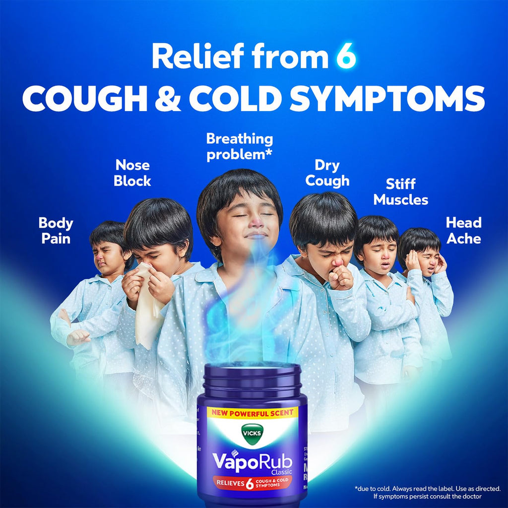 Buy now Vicks Vaporub Relief from Cold, Cough, Blocked Nose, Headache, Body ache, Muscular Stiffness and Breathing Difficulty, 105ml at indiglob india