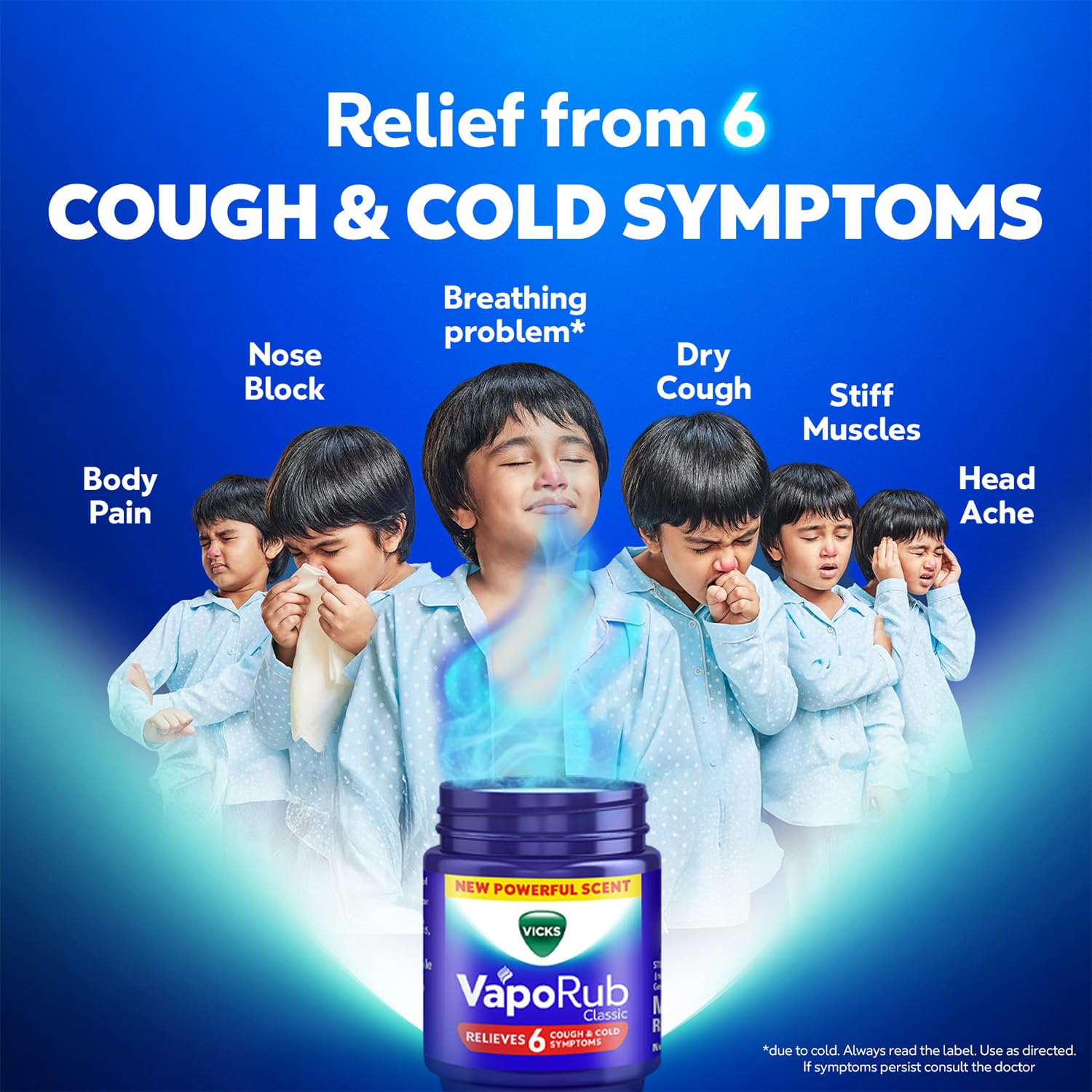 Buy now Vicks Vaporub Relief from Cold, Cough, Blocked Nose, Headache, Body ache, Muscular Stiffness and Breathing Difficulty, 105ml at indiglob india