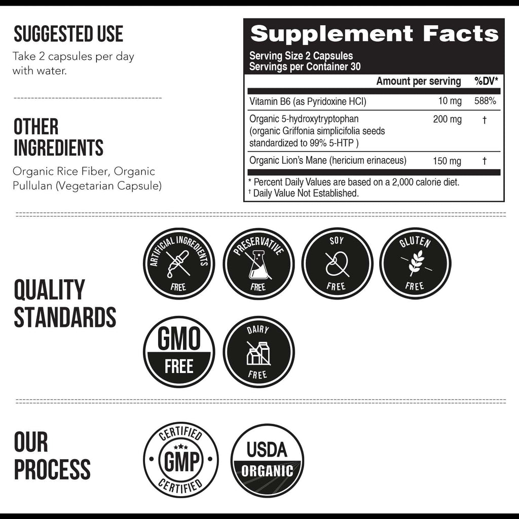 Organic 5-HTP - 200 mg | 99% 5HTP Concentration, Plus Cofactor Vitamin B6 & Lion’s Mane | Water Extracted from Organic Griffonia Seeds | Supports Mood, Cognition & Sleep (60 Capsules | 30 Servings)