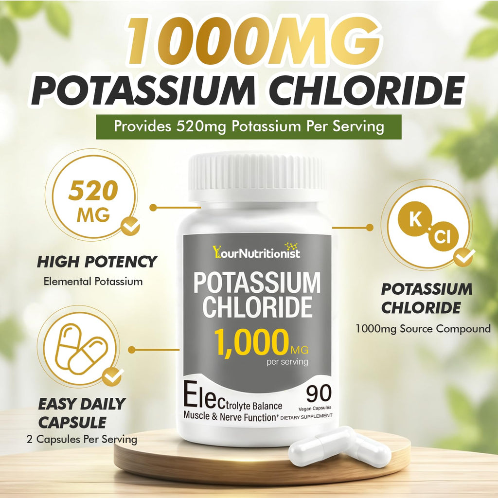 Potassium Chloride 1000mg Supplement, Electrolyte Balance Support