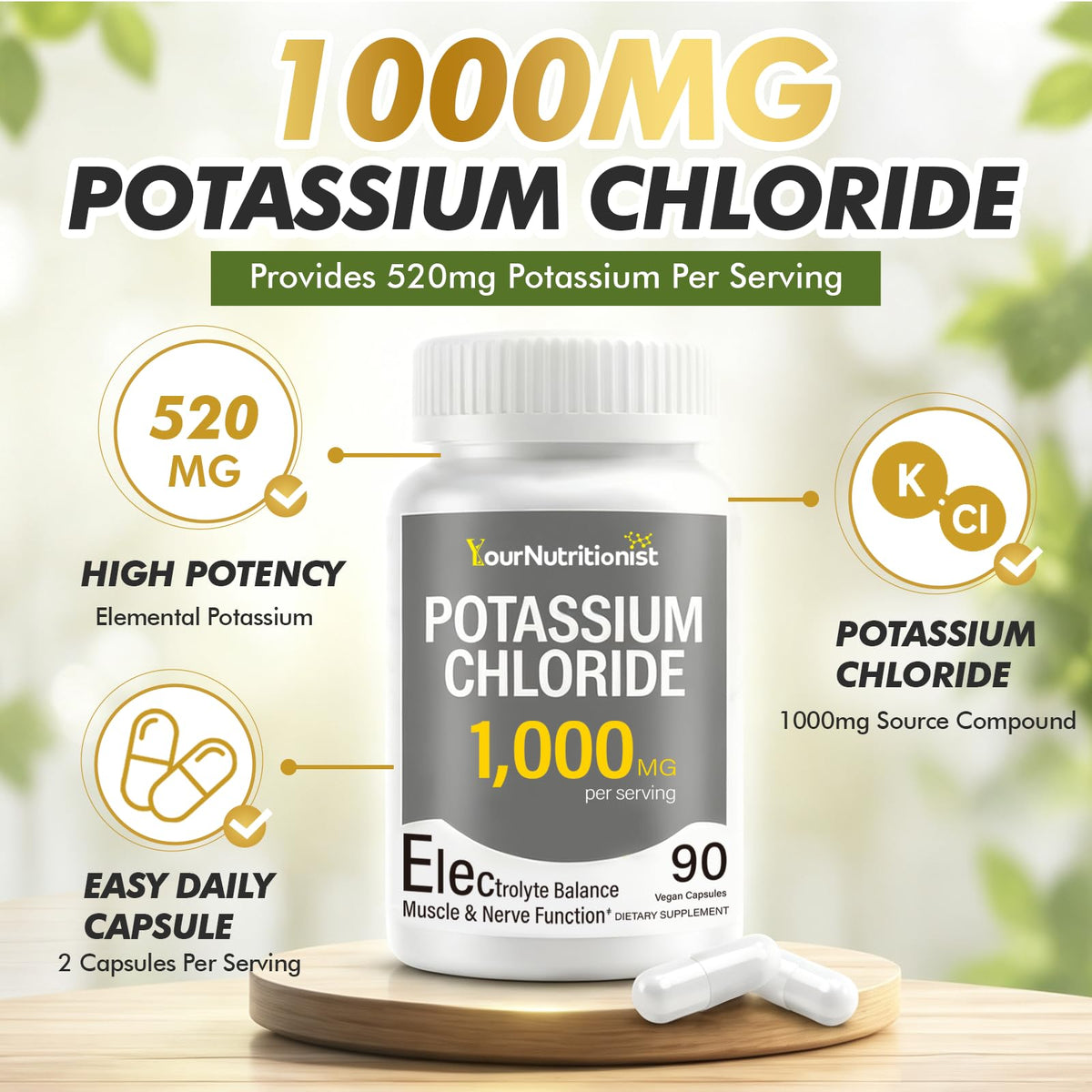Potassium Chloride 1000mg Supplement, Electrolyte Balance Support