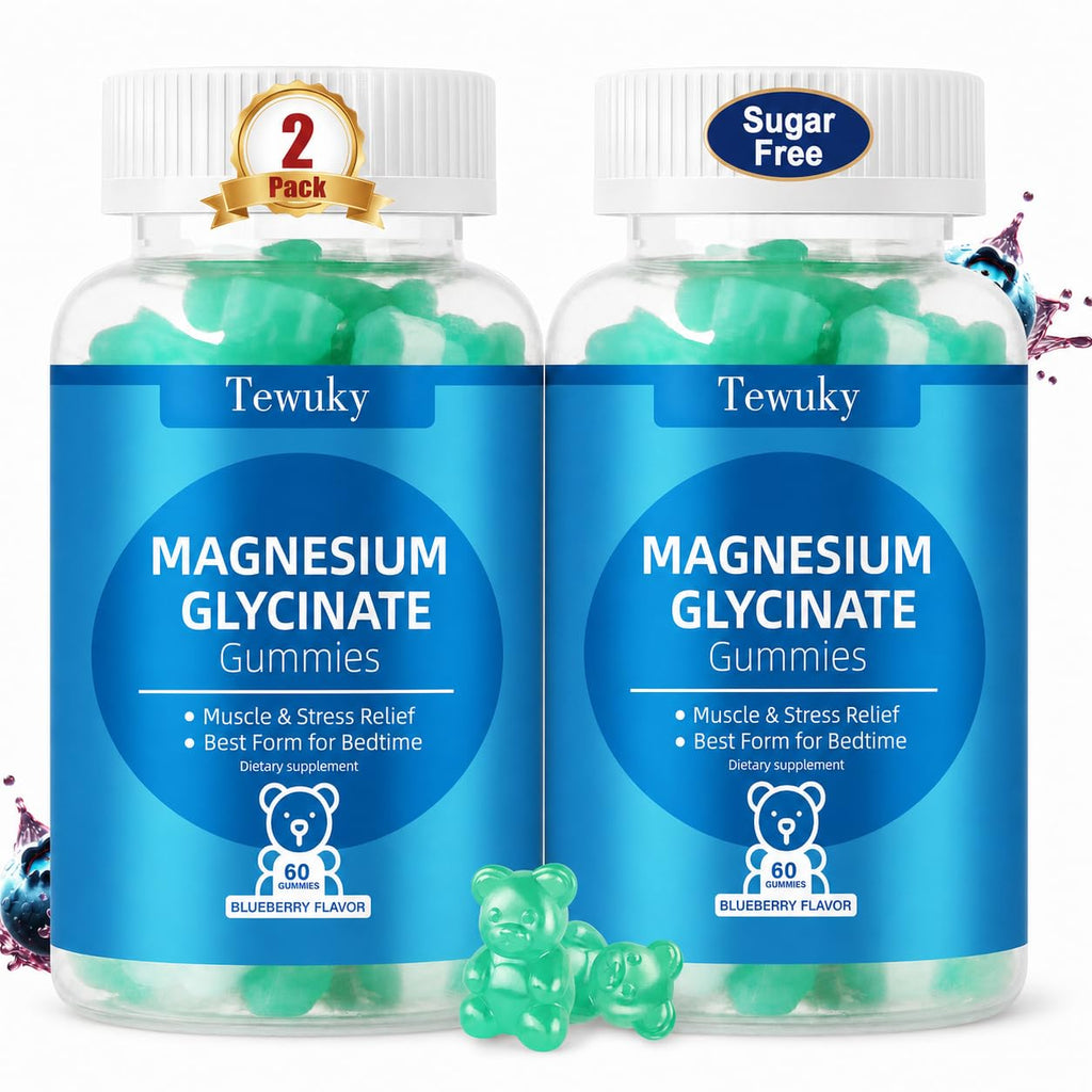 Magnesium Glycinate Gummies 2 Bottles, Sugar-Free for Adults & Kids, Magnesium Gummies for Sleep, Stress & Muscle Relief, Supports Bone & Nerve Health, Vegan, Pectin-Based, Pineapple Flavor