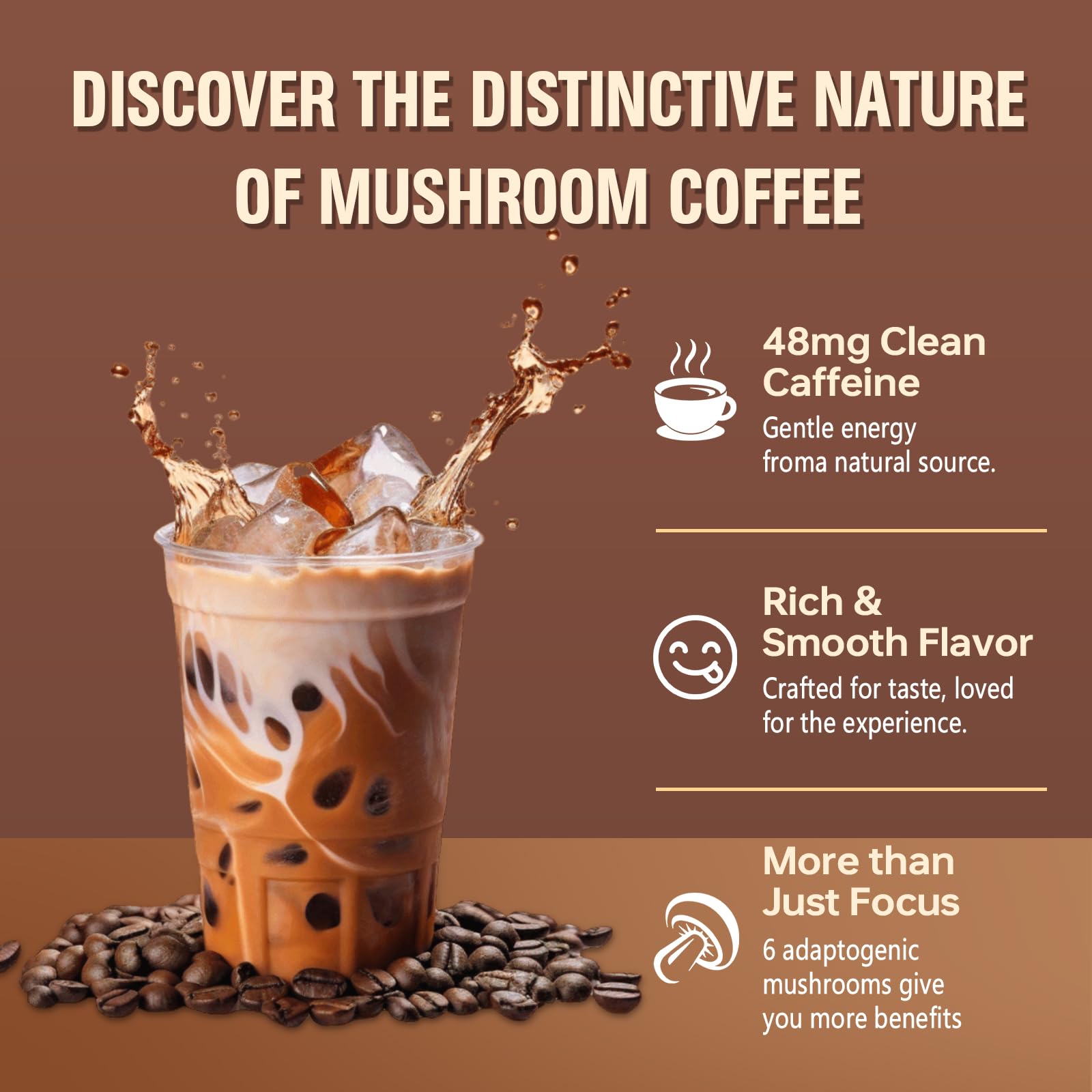 Mushroom Coffee, Instant Mushroom Coffee Powder with 6 Adaptogenic Mushrooms (Cordyceps, Lion’s Mane, Shiitake, Turkey Tail) and MCT Oil for Better Energy, Focus, Immune Support - 30 Servings