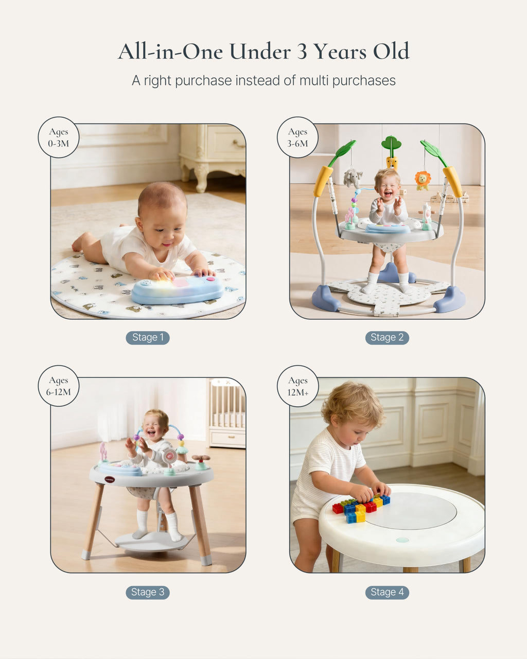 CuddoBaby Baby Jumper 4-Stage Convertible| Montessori -Inspired 8 Interactive Toys| Tummy Time Playmat, Bouncer, Exersaucer, Toddler Table| Music & Lights | 3-6, 6-12, 12-18, 12-24 Months - Gray