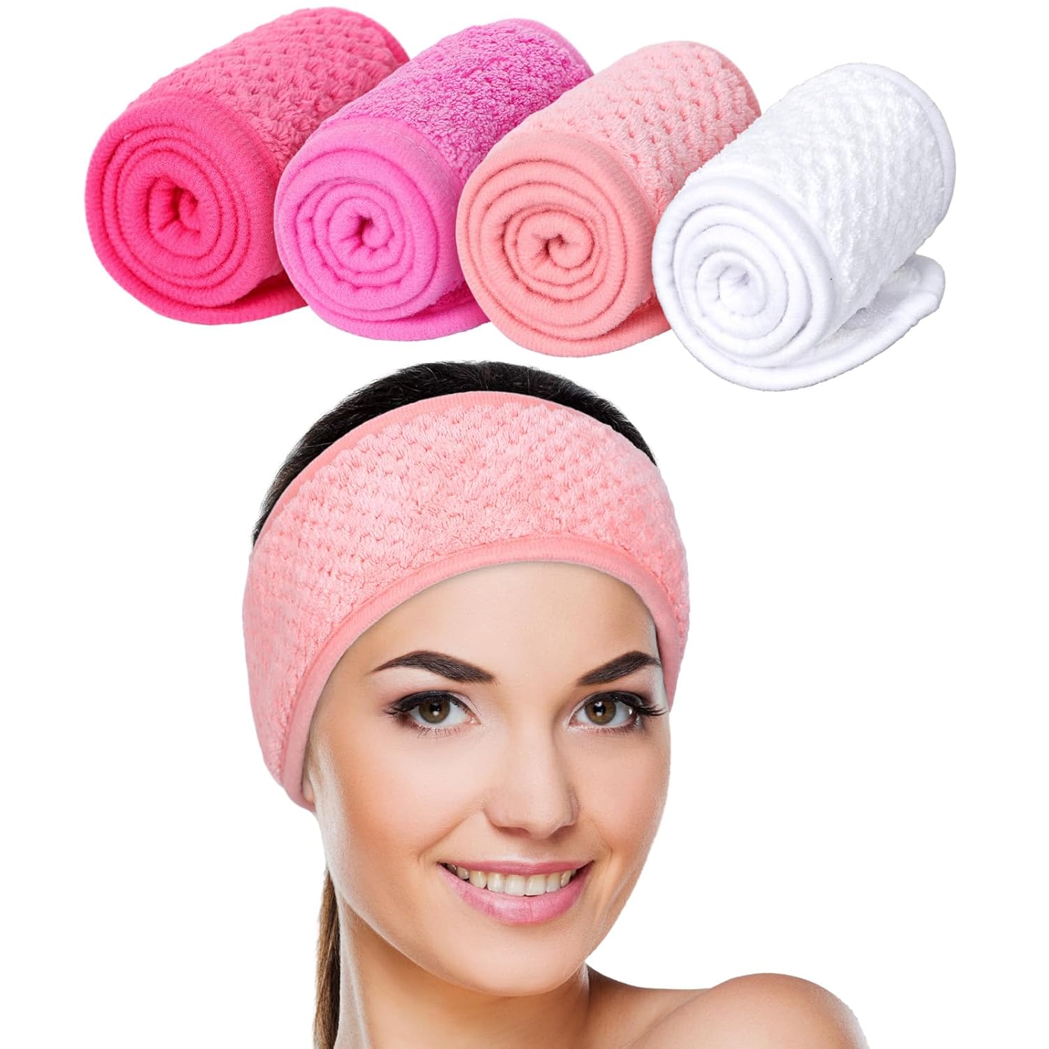 Buy now Whaline 4 Pack Spa Facial Headband Makeup Hair Wrap Adjustable Hair Band Soft Towel Head Band for Face Washing, Shower Sports Yoga (Pea Green, Pink, Beige, Light Gray) White, Pink at indiglob india