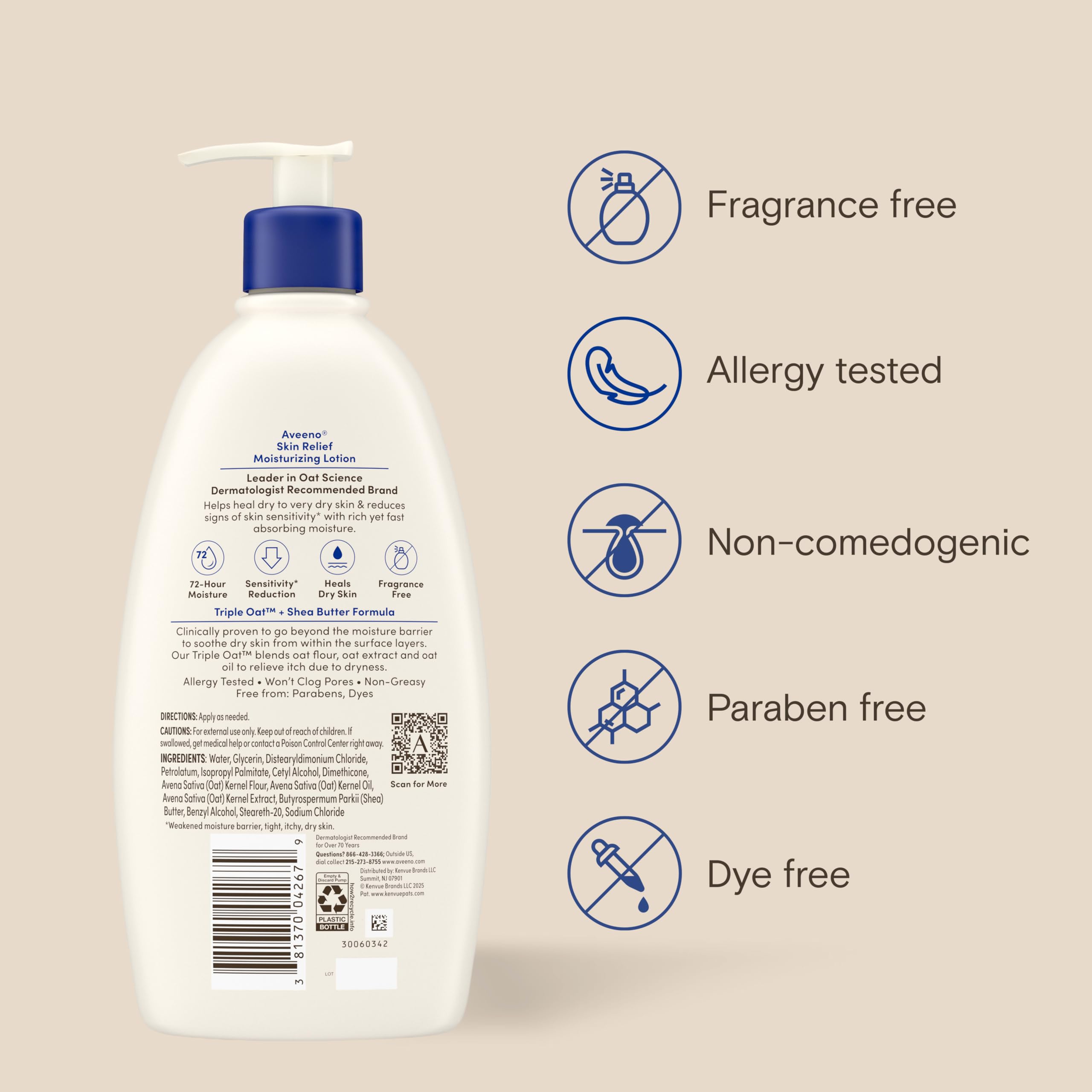 Aveeno Skin Relief Moisturizing Body Lotion Heals Very Dry, Sensitive Skin, Fast Absorbing Lotion with Soothing Triple Oat & Shea Butter Formula, Fragrance Free Lotion, Non-Comedogenic, 18 Fl Oz