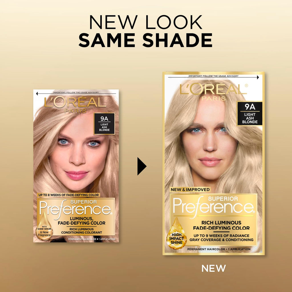 Buy now L'Oreal Paris Superior Preference Luminous Fade-Defying Permanent Hair Color, Hair Dye For Up to 9 Weeks of Radiance, Light Ash Blonde 9A, 1 Hair Dye Kit at indiglob india