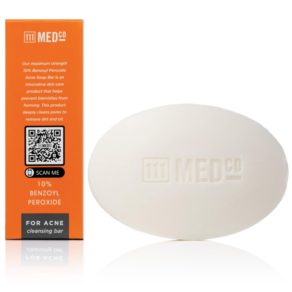 111MedCo 10% Benzoyl Peroxide Acne Treatment Cleansing Bar, Maximum Strength Medicated Face & Body Soap‑Free Bar for Stubborn Breakouts on Face, Chest and Back, 4 oz