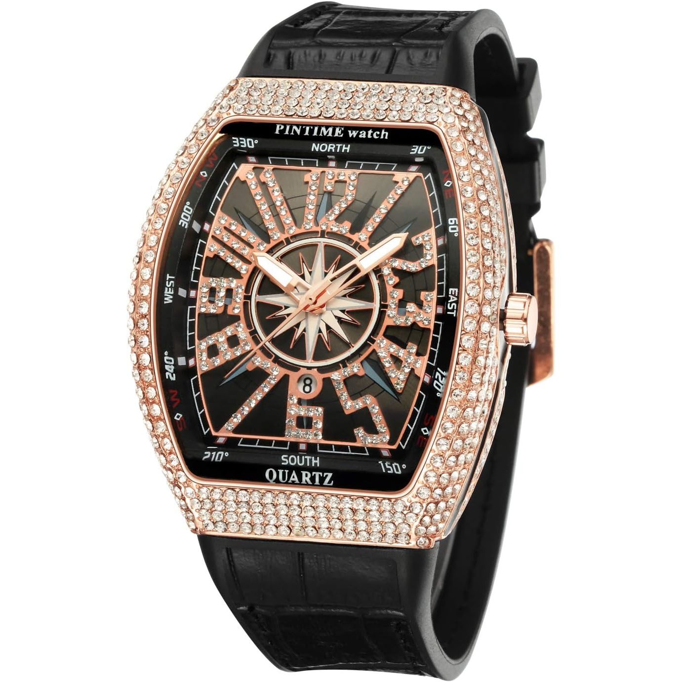 Buy now PINTIME Luxury Men's Crystal Watch Rosegold Tonneau Fashion Bling Iced Out Diamond Watch for Men Hip Hop Rapper, Black Dial at indiglob india
