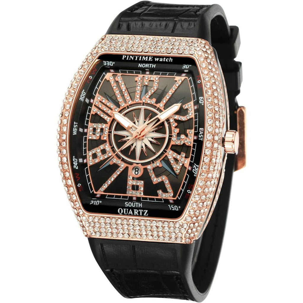 Buy now PINTIME Luxury Men's Crystal Watch Rosegold Tonneau Fashion Bling Iced Out Diamond Watch for Men Hip Hop Rapper, Black Dial Default at indiglob india
