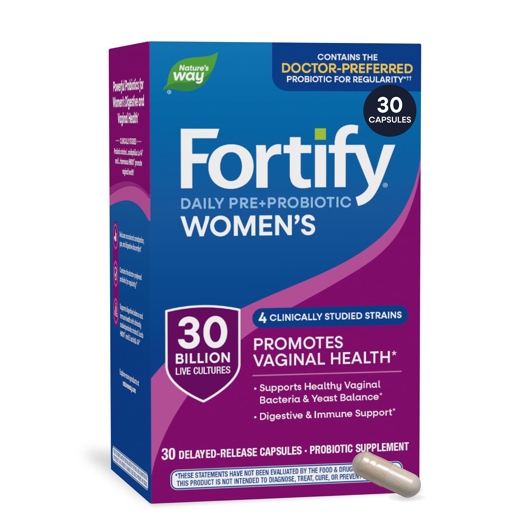 Nature's Way Fortify Women’s Probiotic 30 Billion CFU, 30 ct | Daily Multi-Strain Probiotic for Digestive, Vaginal, and Immune Support*, Once-Daily Capsule, No Refrigeration Required