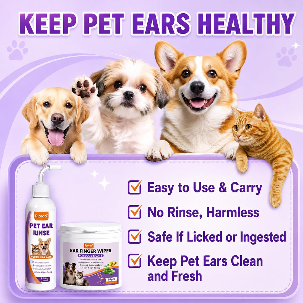 Pjordo Pet Ear Cleaner for Dog & Cat, Natural Formula - Aloe & Witch Hazel