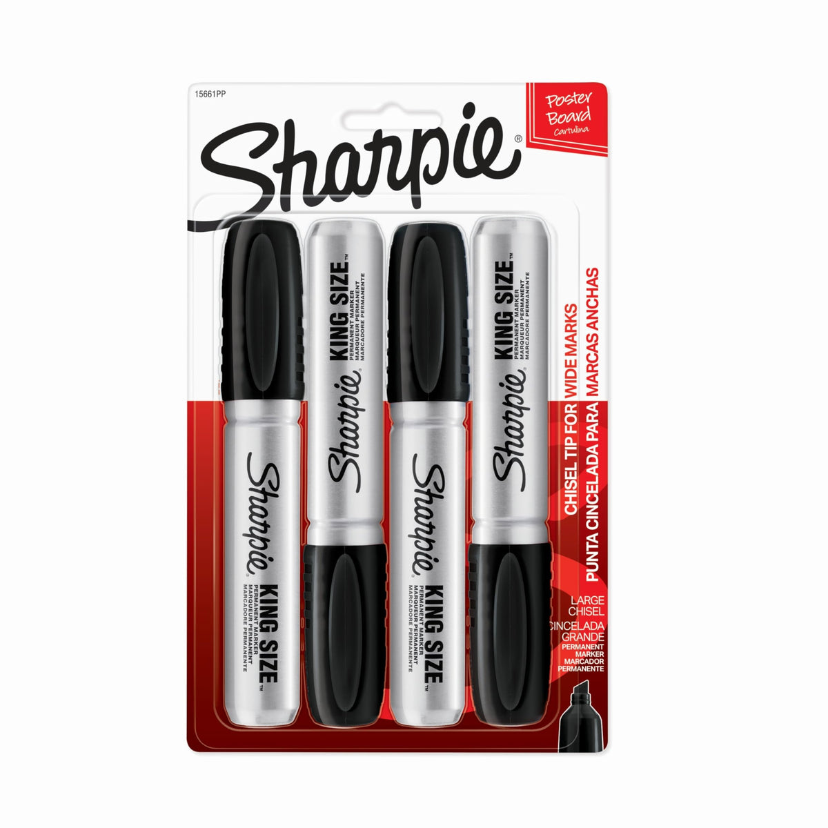 Sharpie King Size Permanent Markers, Large Chisel Tip, Black, 4 Count - Office Supplies, Quick Drying, Great for Poster Boards