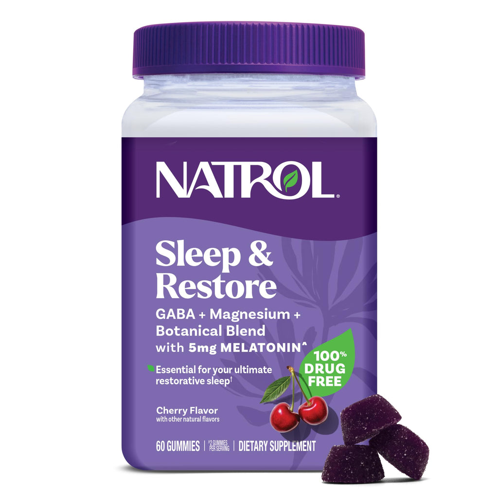 Natrol Sleep & Restore Magnesium Glycinate, GABA, 5mg Melatonin, 60 Gummies | Nighttime Sleep-Aid, Support Relaxation, Calm Magnesium Glycinate, with GABA, Botanical Blend, 100% Drug-Free, Cherry Flavor
