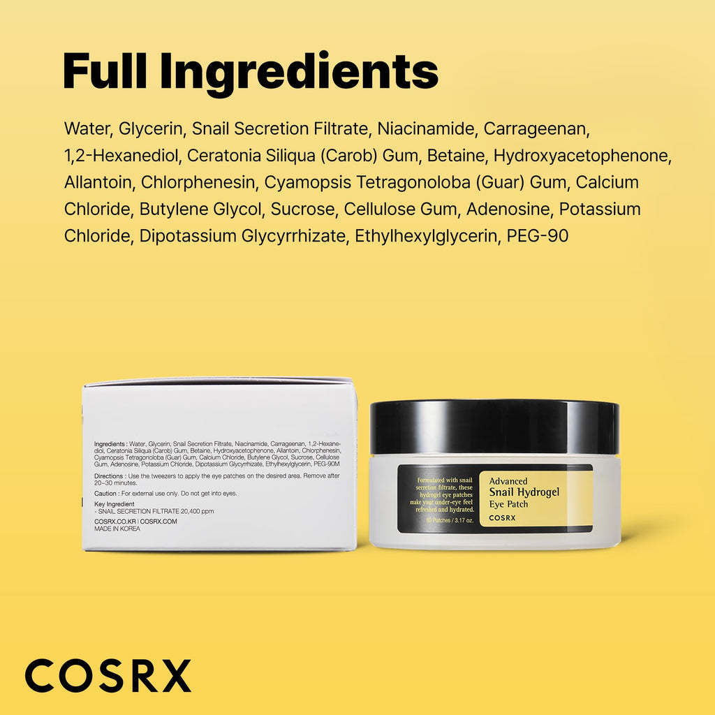 Buy now COSRX Advanced Snail Hydrogel Eye Patch (60pc), Gel Serum Mask, Puffy Under Eye Treament, Fine Lines, Refresh, Hydrate, Korean Skin Care at indiglob india