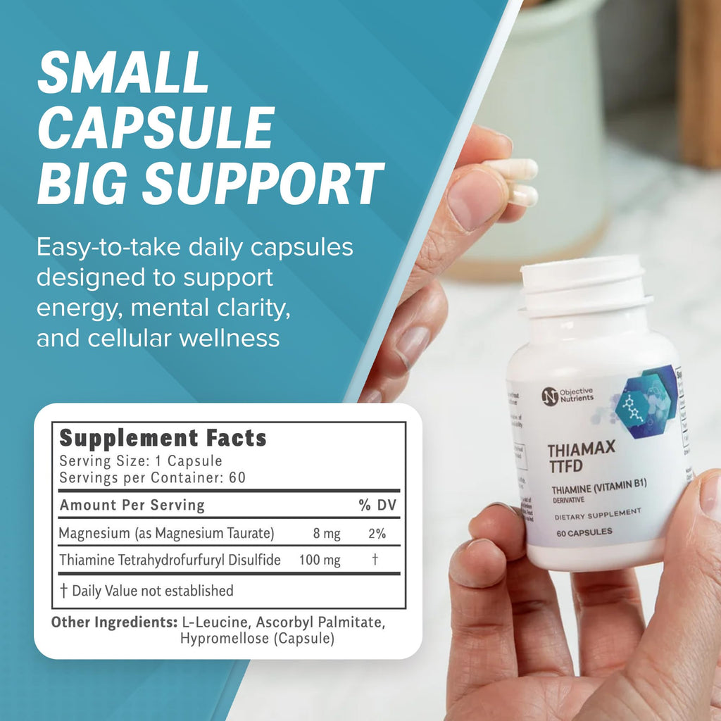Objective Nutrients Thiamax TTFD Thiamine B1 Supplement | Vitamin B1 Supplement for Energy Focus | Highly Absorbable Vitamin B1 100mg with Magnesium – 60 Capsules