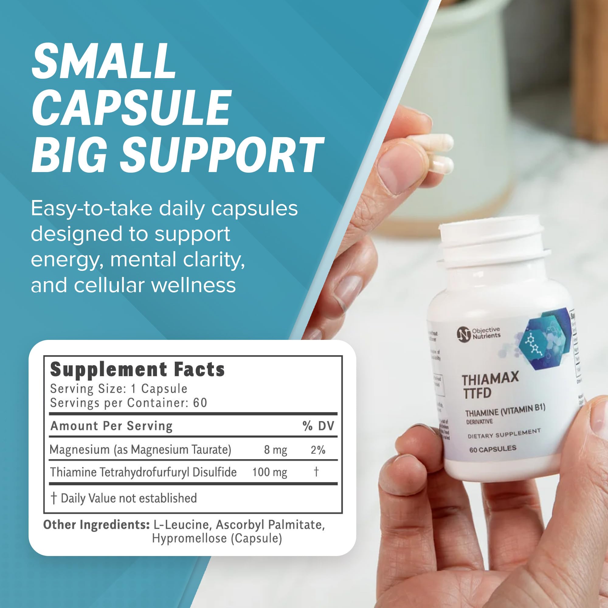 Objective Nutrients Thiamax TTFD Thiamine B1 Supplement | Vitamin B1 Supplement for Energy Focus | Highly Absorbable Vitamin B1 100mg with Magnesium – 60 Capsules