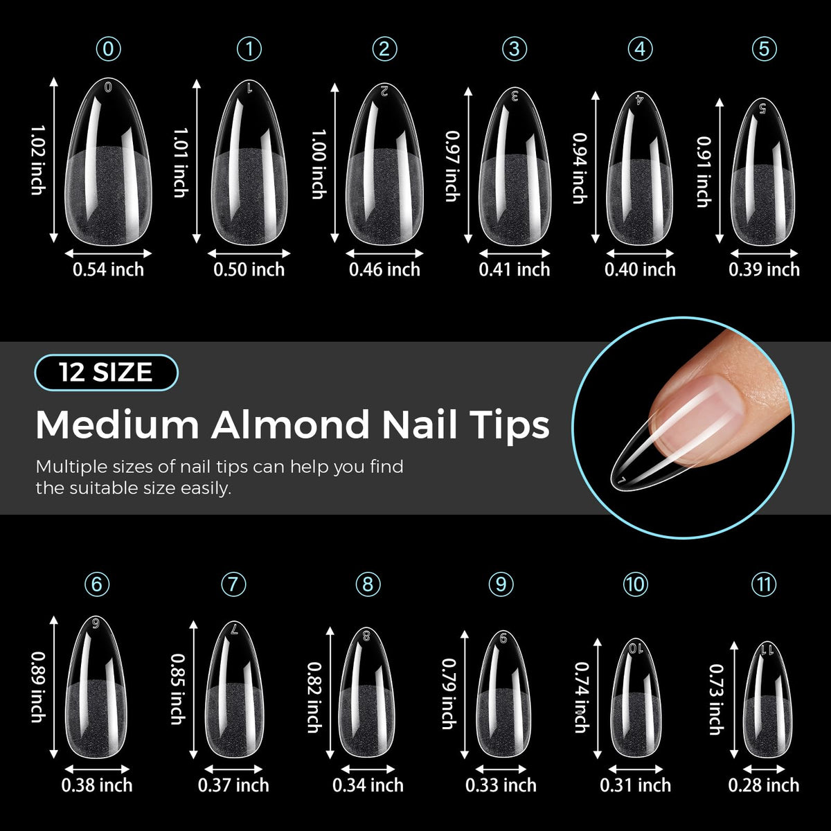 TOMICCA Medium Almond Nail Tips 240Pcs Almond Nail Tips 15 Sizes