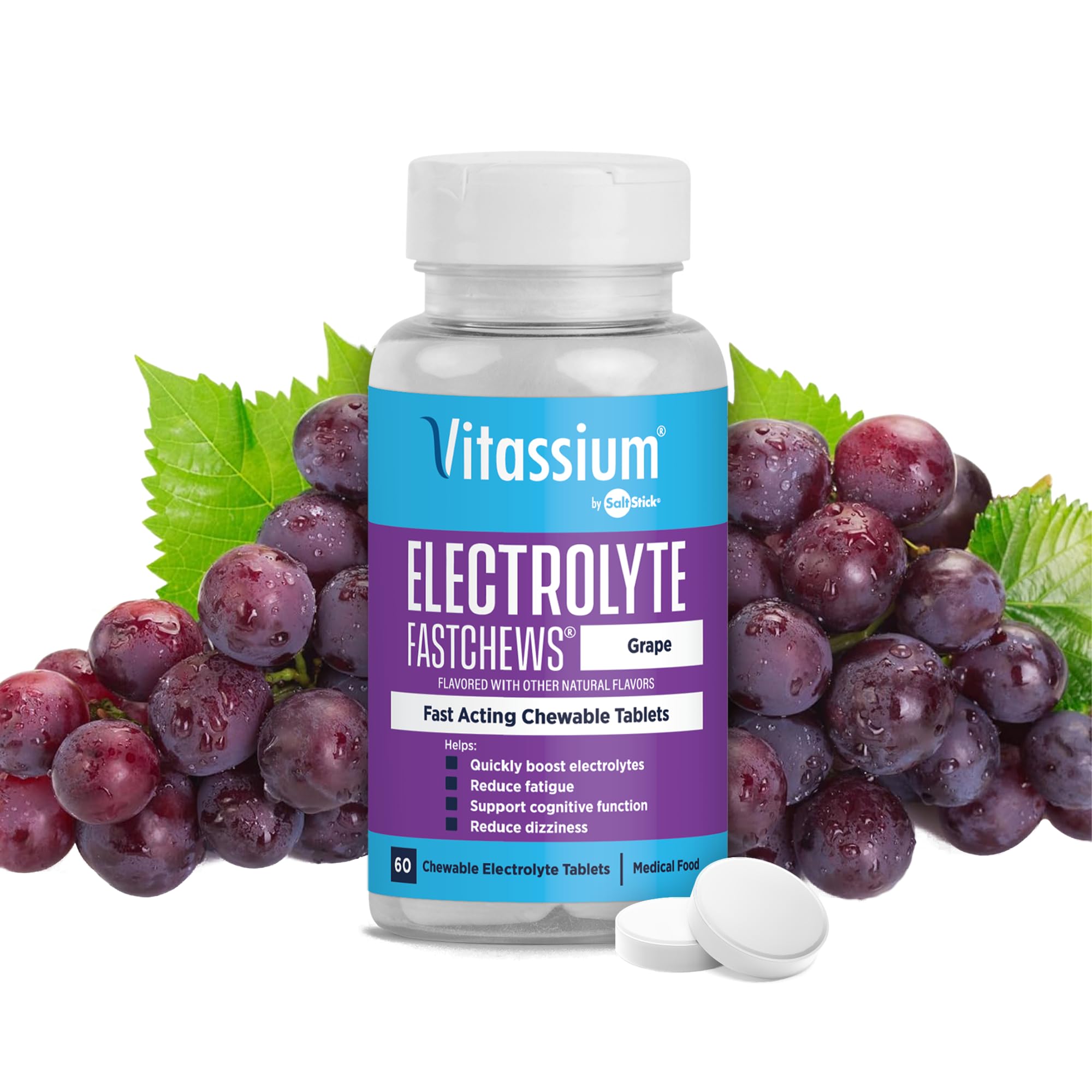 Vitassium FastChews, Chewable Electrolyte Tablets for Management of POTS and High Sodium Diets, Fast-Acting Sodium Tablets, Strawberry Lemonade, 60 Count