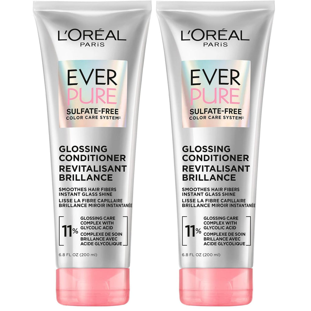 L’Oreal Paris Sulfate Free Glossing Conditioner with Glycolic Acid, Provides Intense Glass Hair Shine, Smoothness & Soft Feel, Suitable for Dull, Dry, and Color-Treated Hair, EverPure, 6.8 Fl Oz