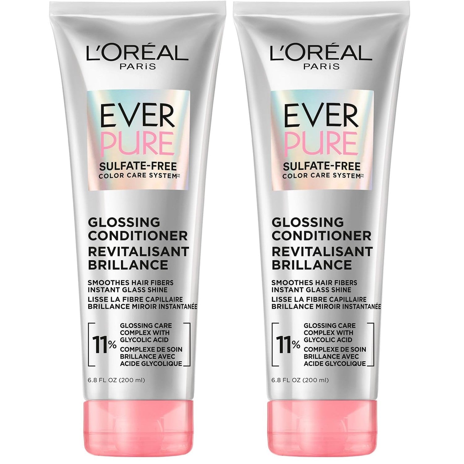 L’Oreal Paris Sulfate Free Glossing Conditioner with Glycolic Acid, Provides Intense Glass Hair Shine, Smoothness & Soft Feel, Suitable for Dull, Dry, and Color-Treated Hair, EverPure, 6.8 Fl Oz